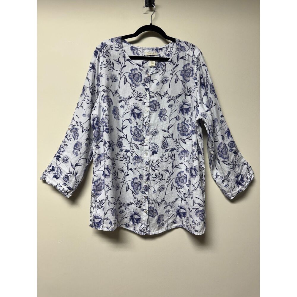 CYNTHIA ROWLEY 100% Linen Blue/White Floral Print Roll Tab Button Front, 2X